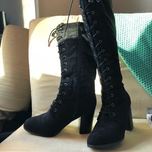 Tall, black, suede, lace up boots